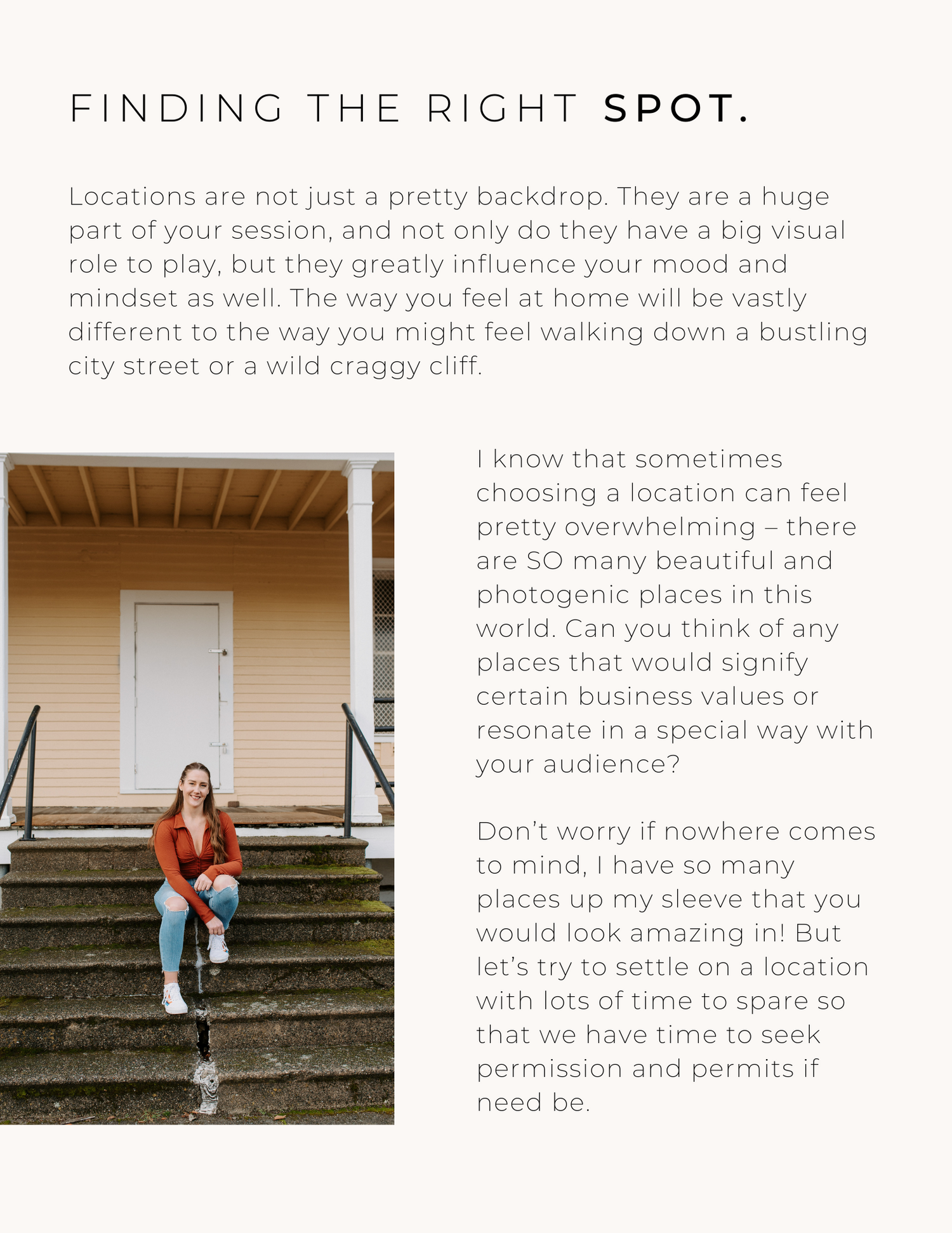 Website layout discussing location scouting and photography session planning.