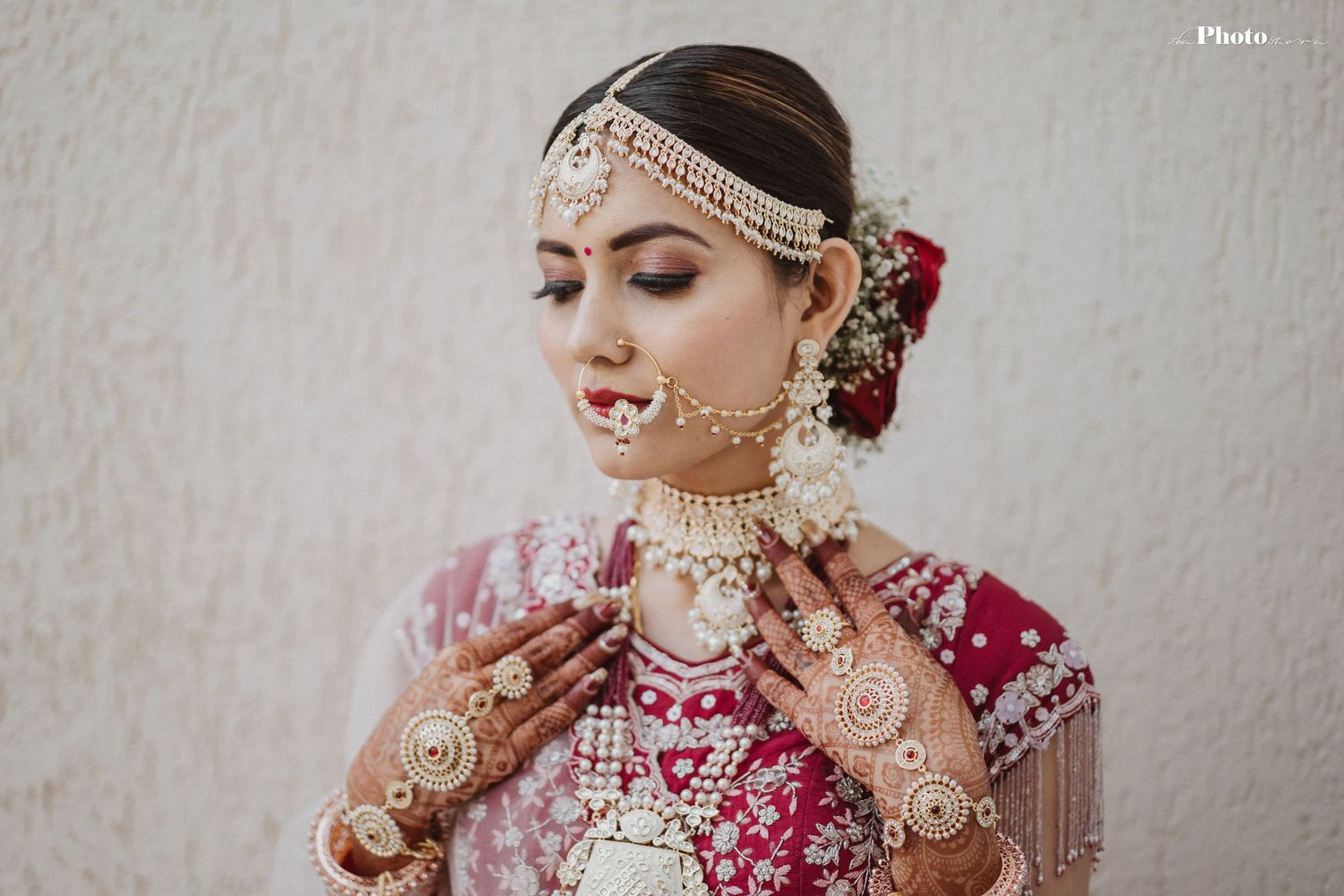 Series of candid moments showing traditional wedding preparations and details.