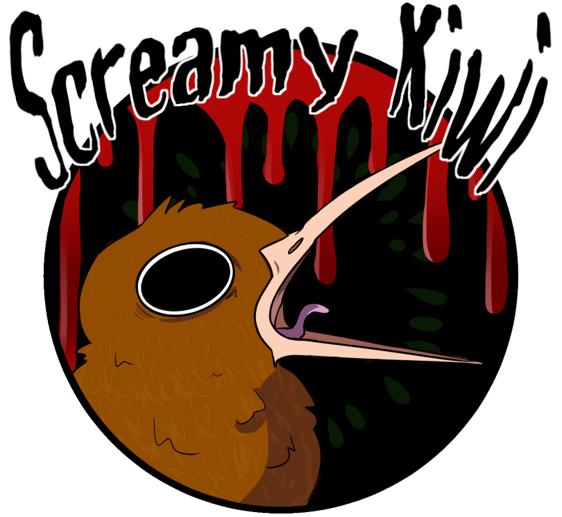 Illustration of a screaming brown kiwi bird with dripping red text against a dark background.