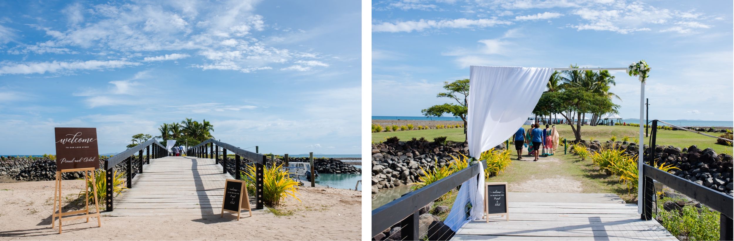 Beachfront wedding ceremony setup with white chairs and decorations under blue skies.
