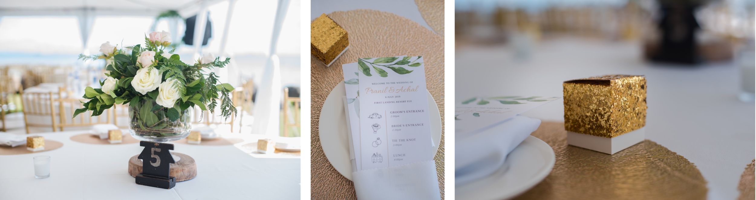 Wedding reception table settings with white floral centerpieces and gold accents.