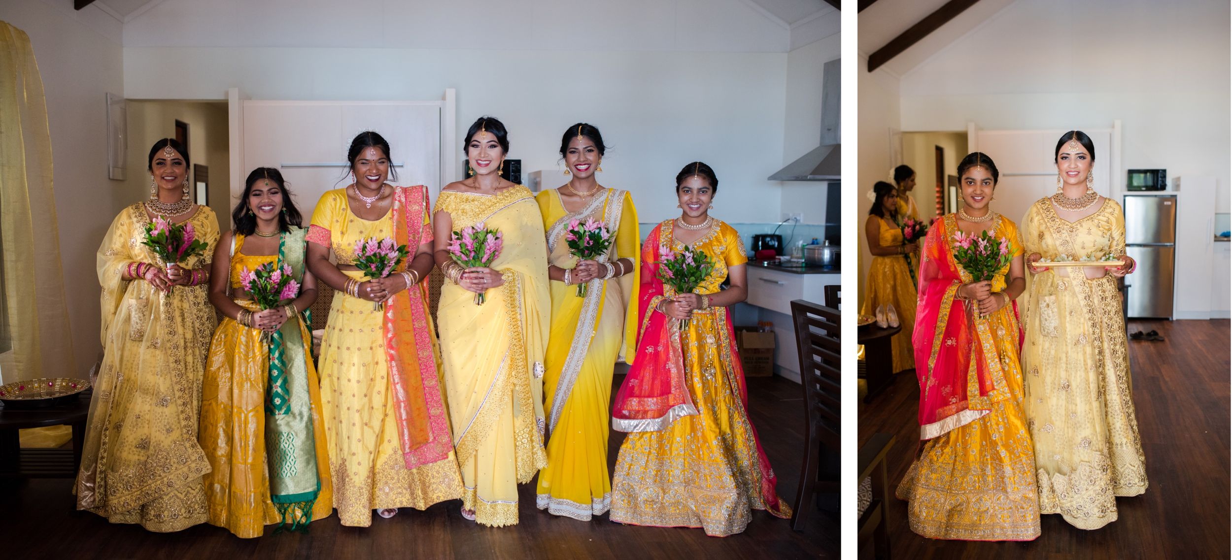 Colorful wedding party dressed in yellow and gold traditional attire.