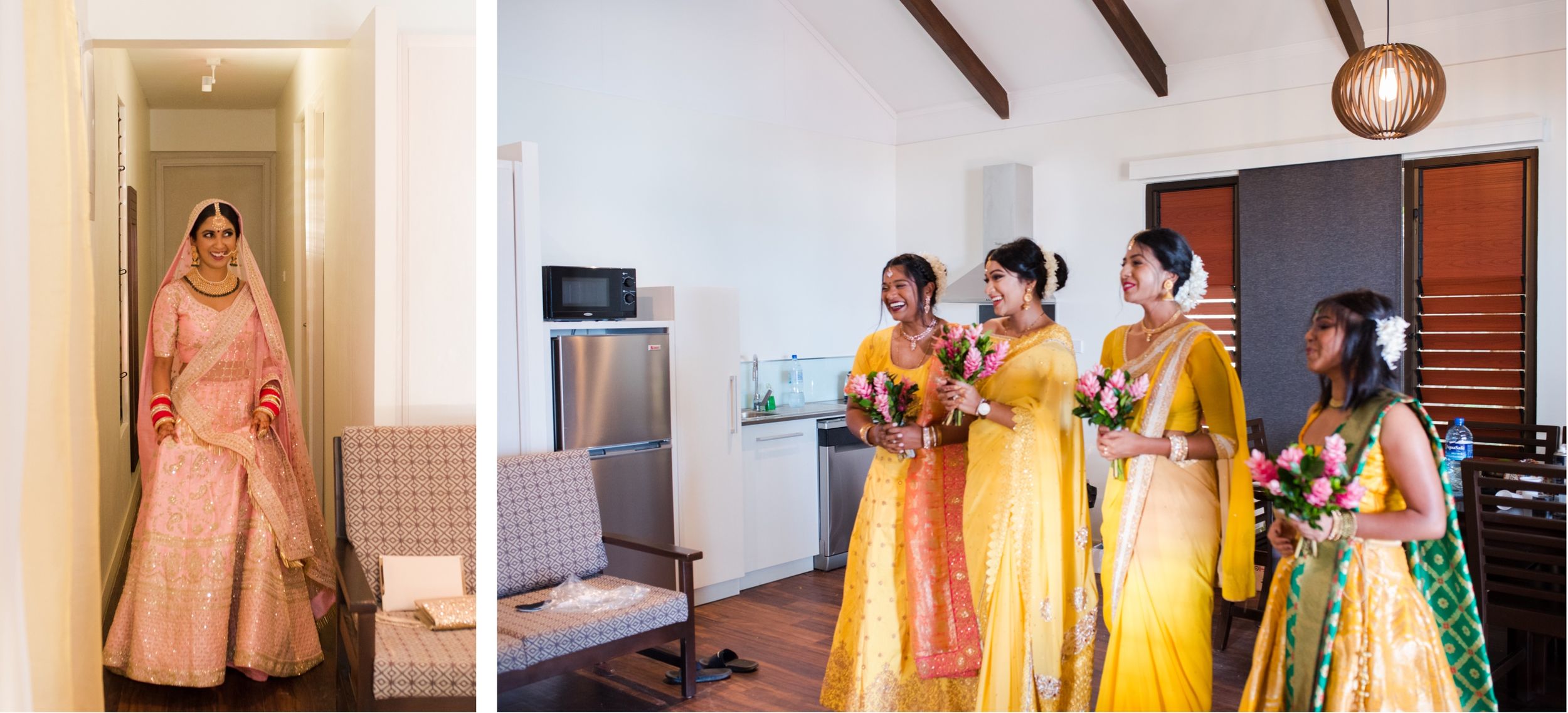 Wedding party preparations showing traditional attire in pink and yellow colors.