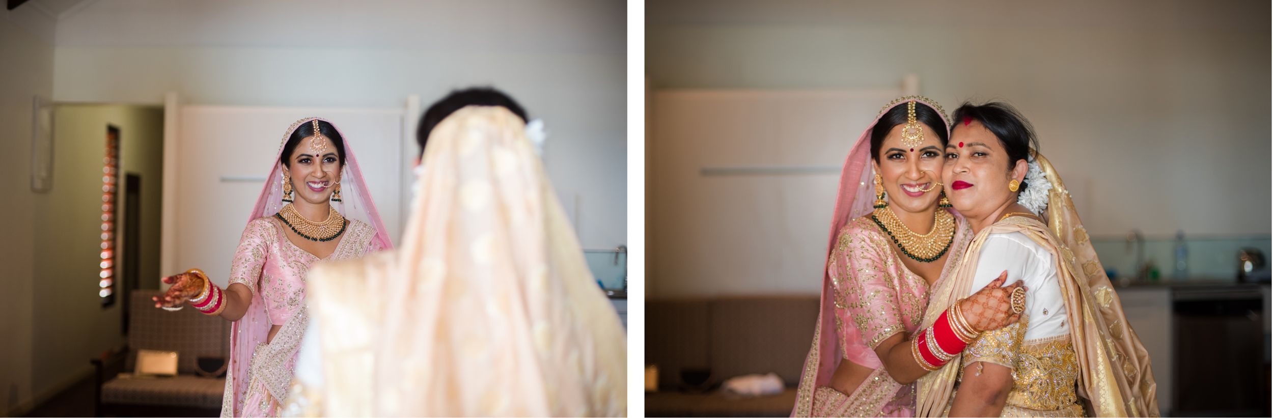 Intimate pre-wedding moments captured in soft lighting showing bridal preparations.