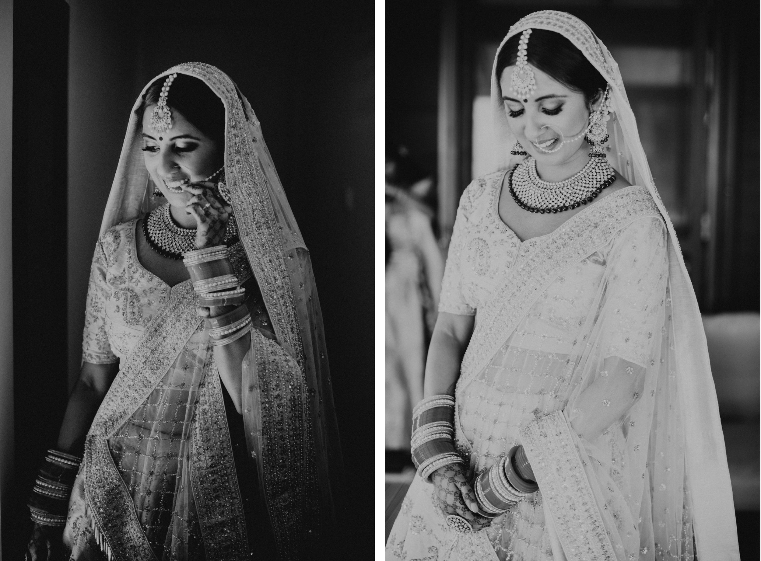 Black and white portraits of bride in traditional Indian wedding attire and jewelry.