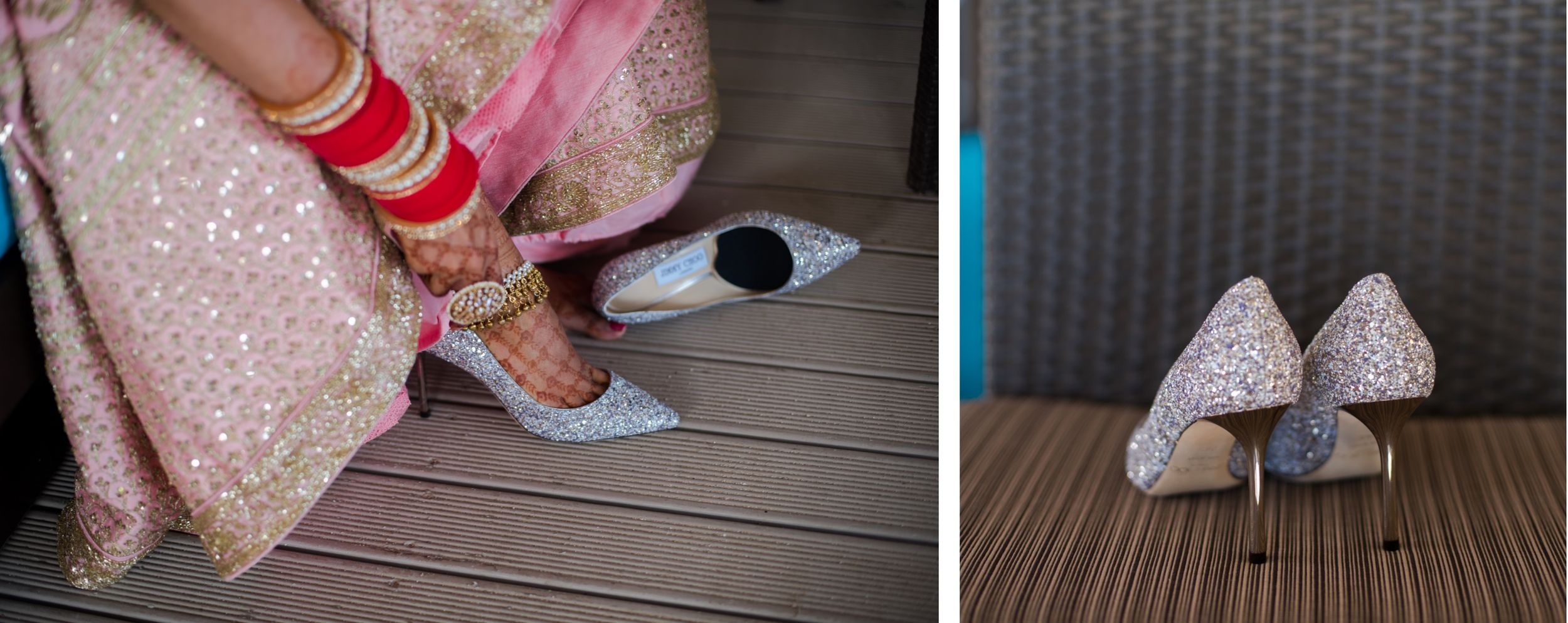 Wedding shoes and red bangles detail shots against wooden deck background.