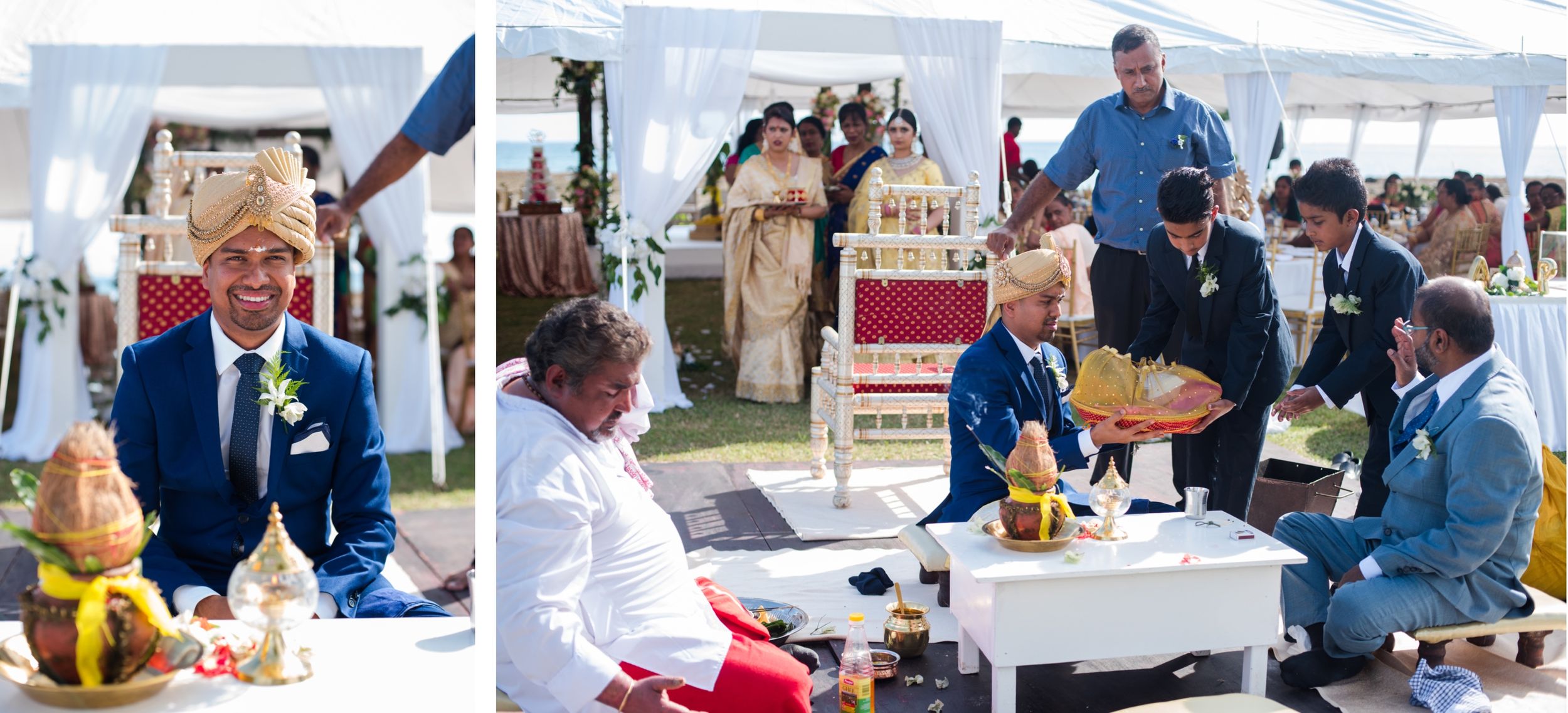 Guests seated at tables during an outdoor wedding reception with tropical decor.