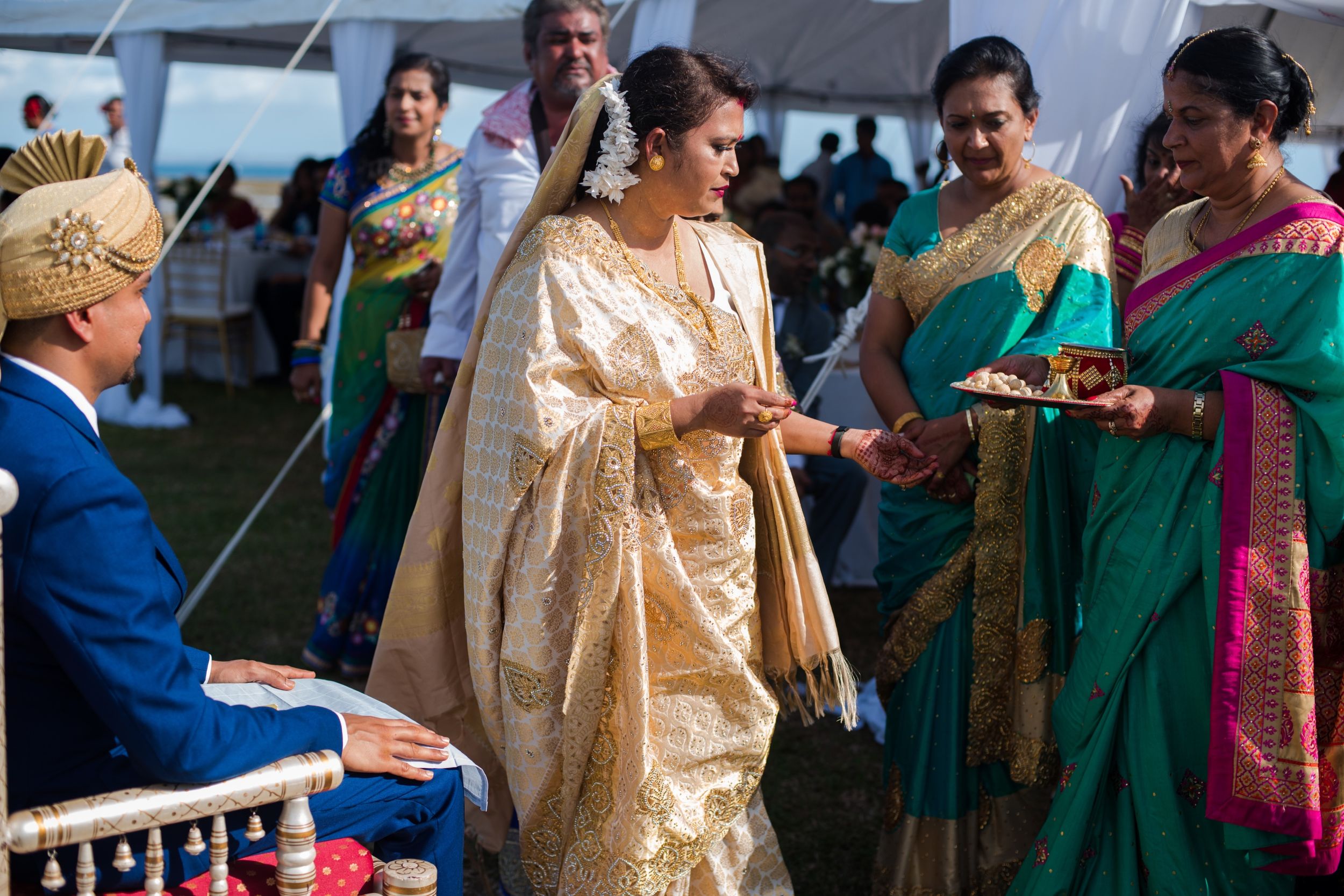 Traditional Indian wedding ceremony with guests in colorful saris and formal attire.