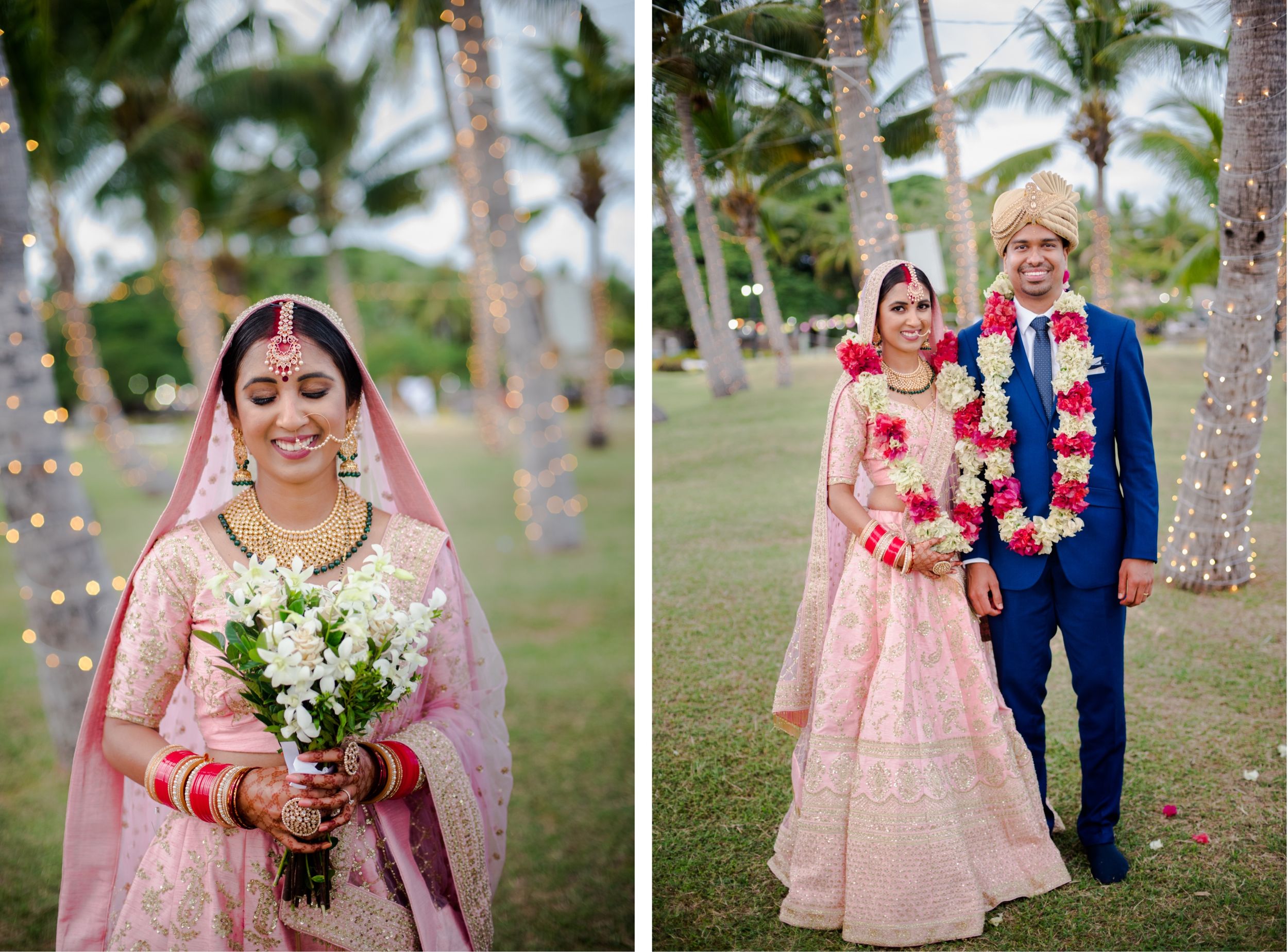 Traditional wedding portraits in a tropical garden setting with palm trees and pink floral details.