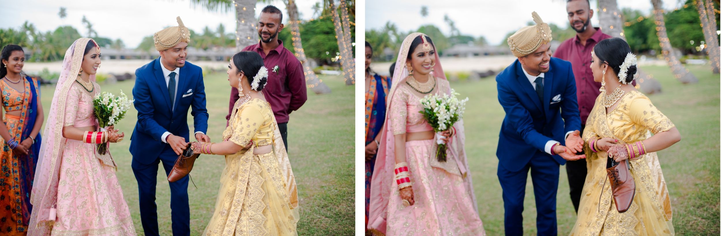 Wedding party poses on lawn with palm trees, featuring yellow and pink traditional attire.