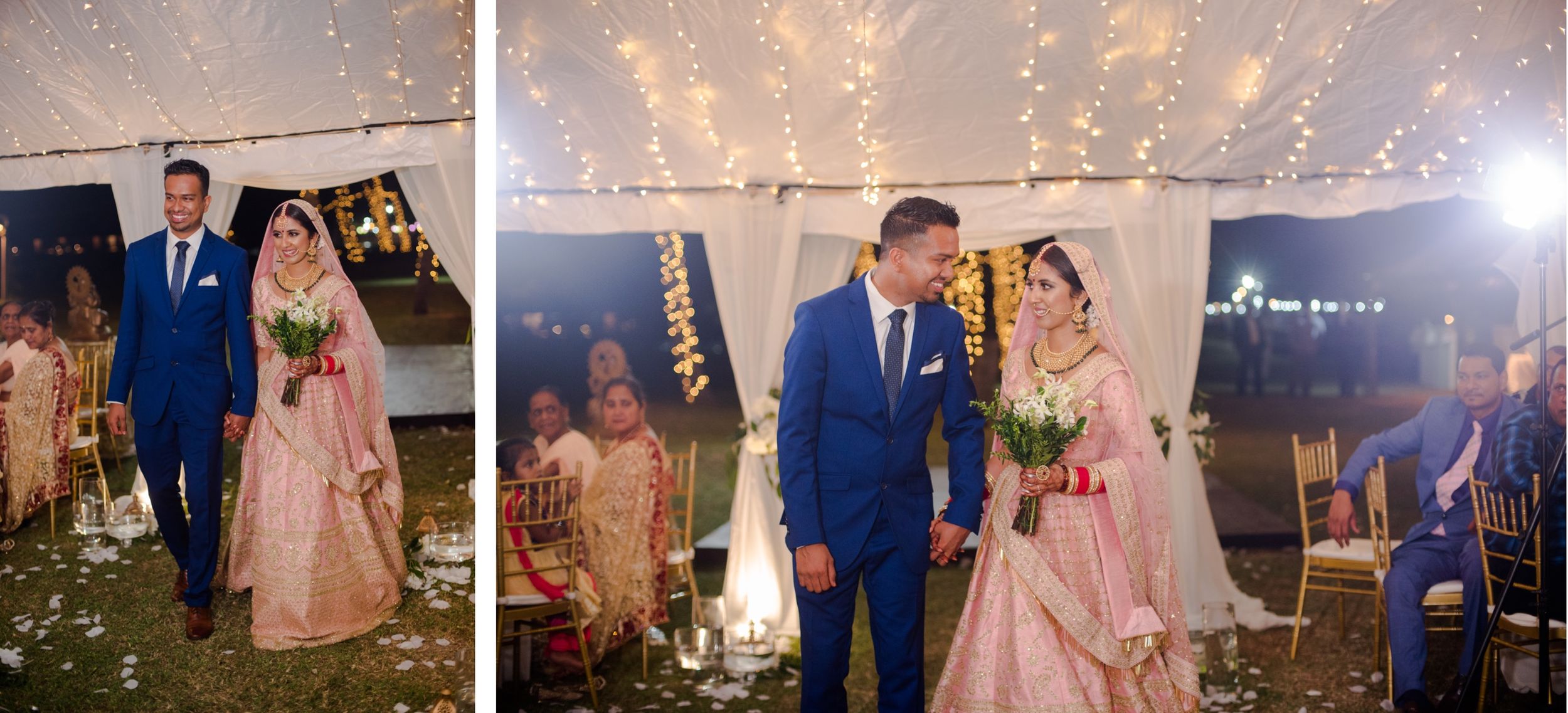 Wedding celebration at night under a tent with twinkling lights and elegant decor.