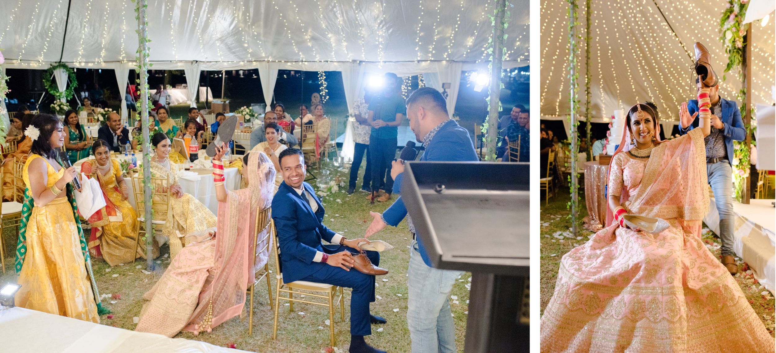 Reception moments captured during dances and celebrations under tent lighting.
