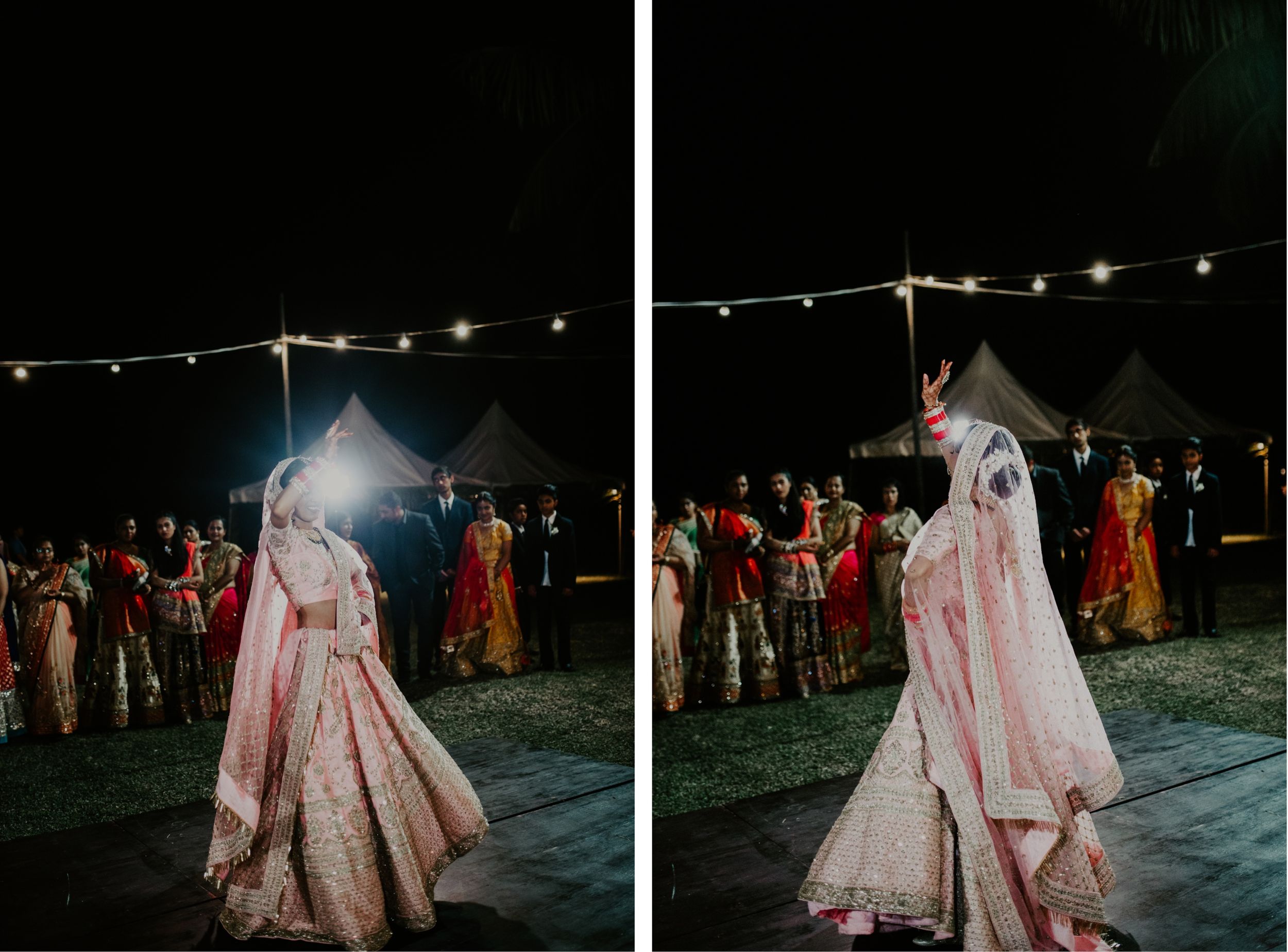 A couple dancing under string lights at an outdoor nighttime wedding reception.