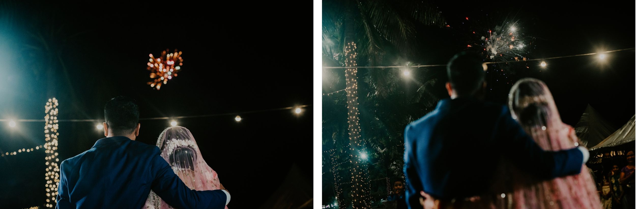 Guests watching fireworks display during an outdoor nighttime wedding celebration.