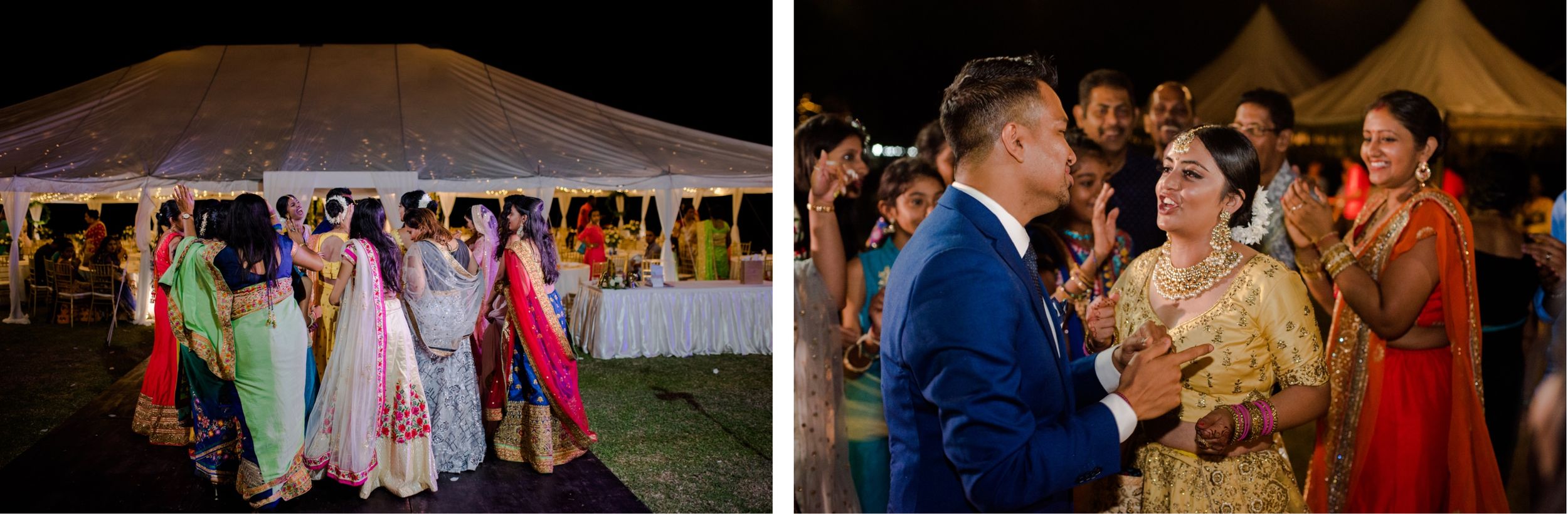 Wedding celebration under white tents with colorfully dressed guests enjoying the festivities.