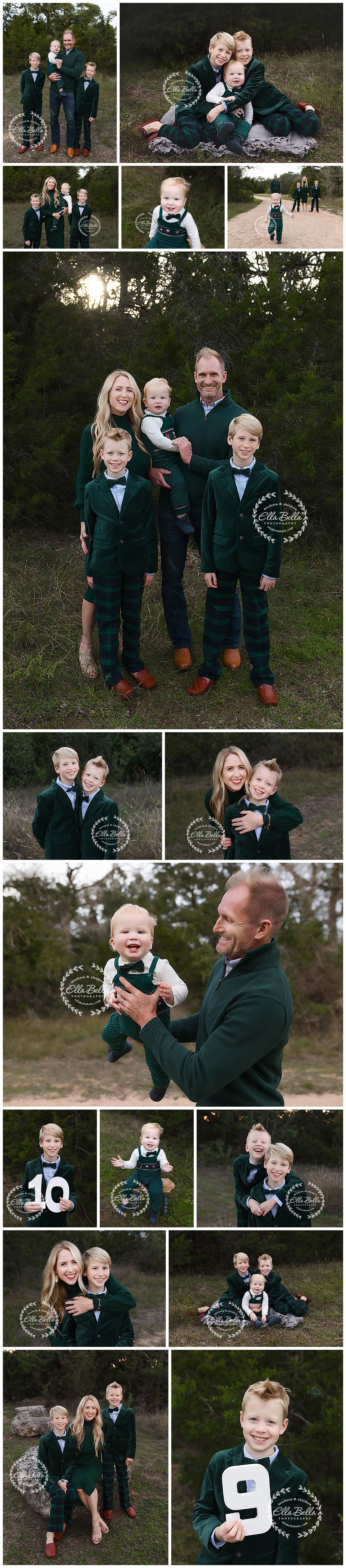 Professional family photo session featuring coordinated outfits in dark green velvet against natural outdoor backdrop.