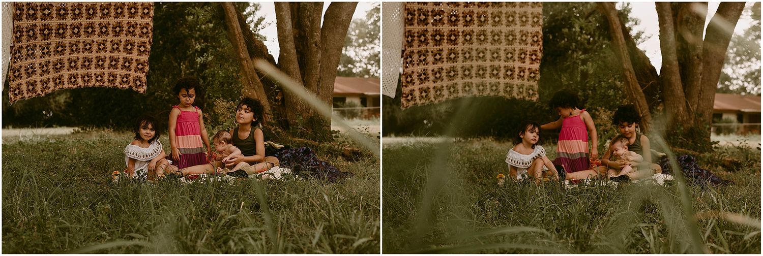 A peaceful outdoor picnic scene with vintage brown patterned fabric hanging in the background.