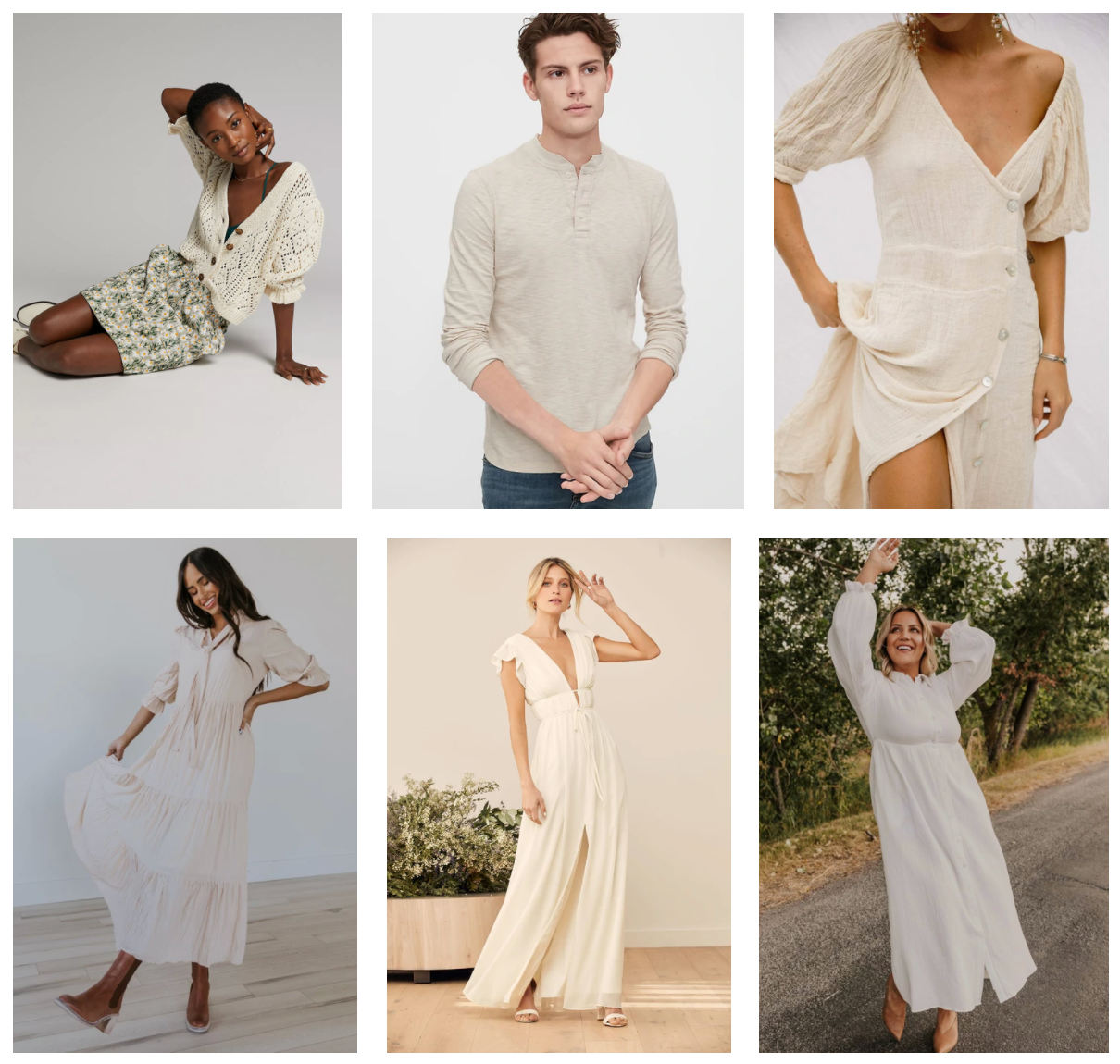 Collection of cream and ivory clothing featuring casual and formal dresses and knitwear.