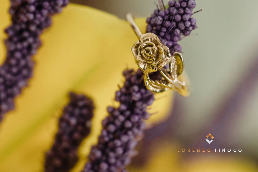 Detailed macro shot of gold ring on purple lavender flower.
