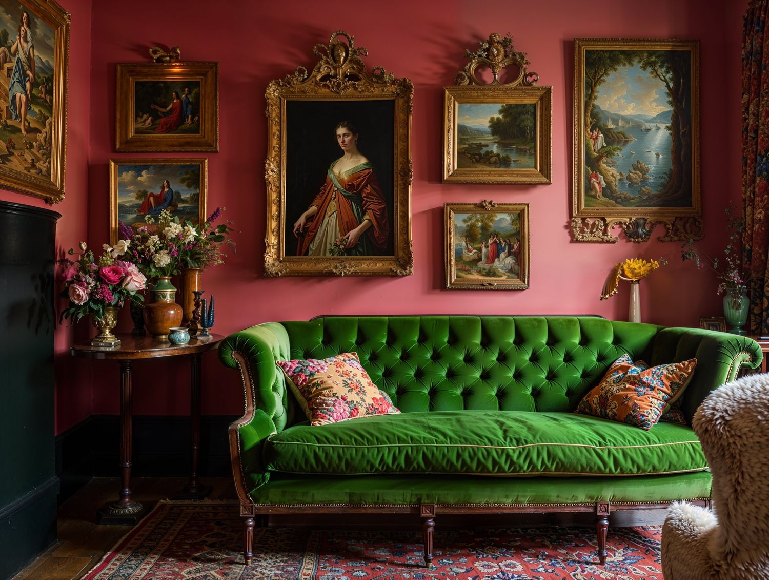 Luxurious vintage living room with emerald velvet sofa and classical artwork on deep red walls.