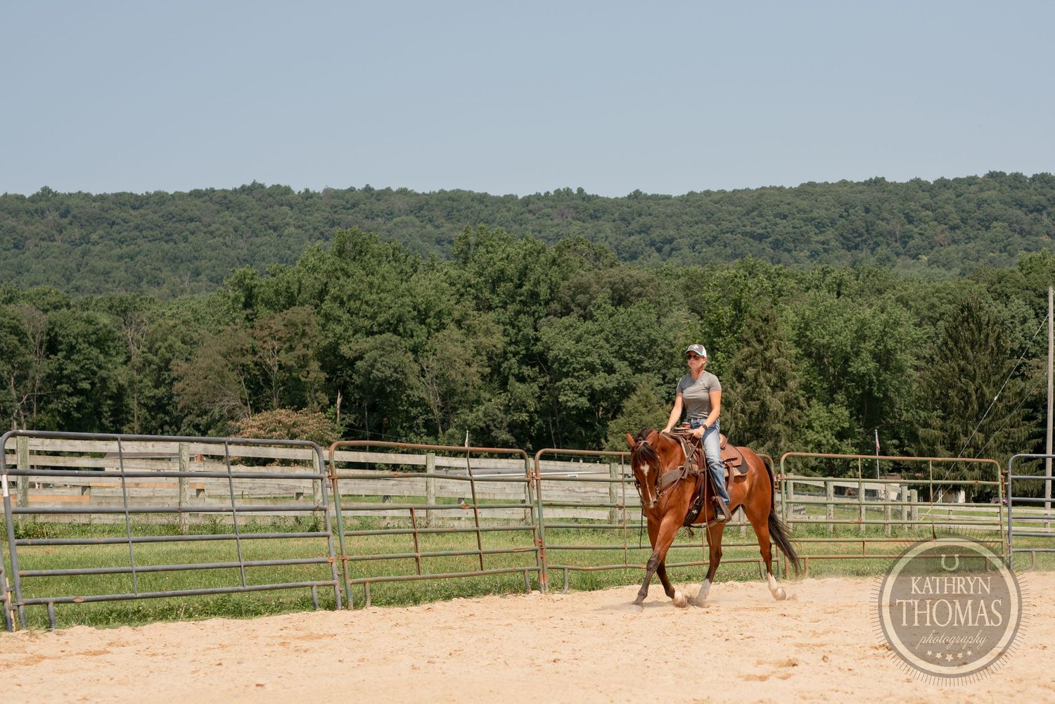 Horse and rider training in a sandy arena with wooded hills in the background.