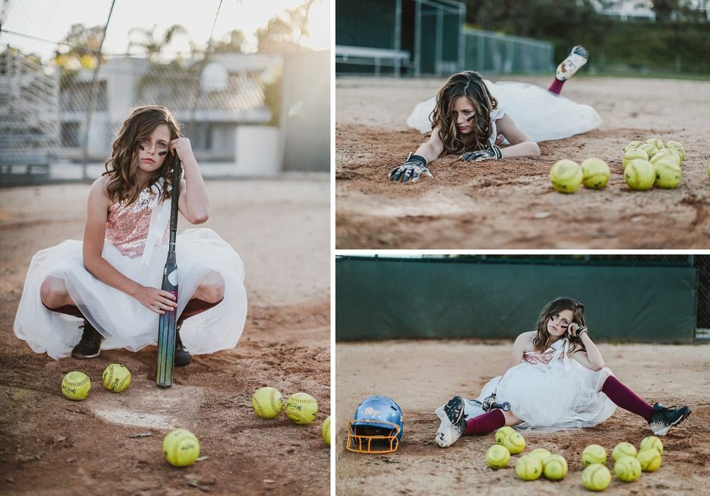 A softball player in white uniform sprawled on dirt field with tennis balls and photographic triptych composition.