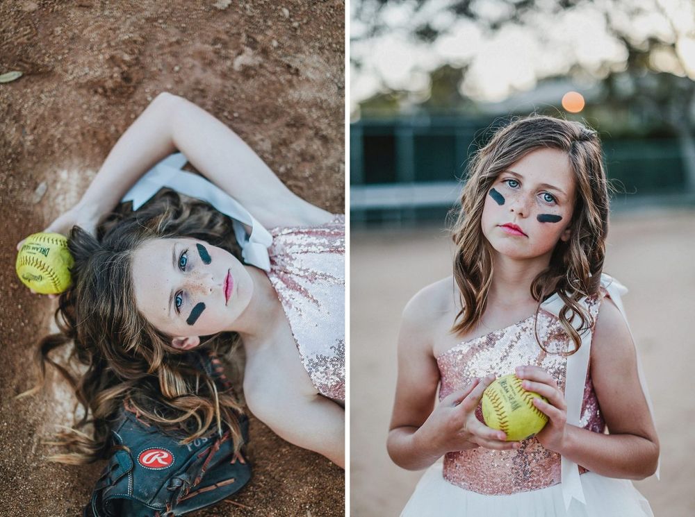 Artistic softball player poses in lace dress with glitter makeup and ball in outdoor sports themed photoshoot.