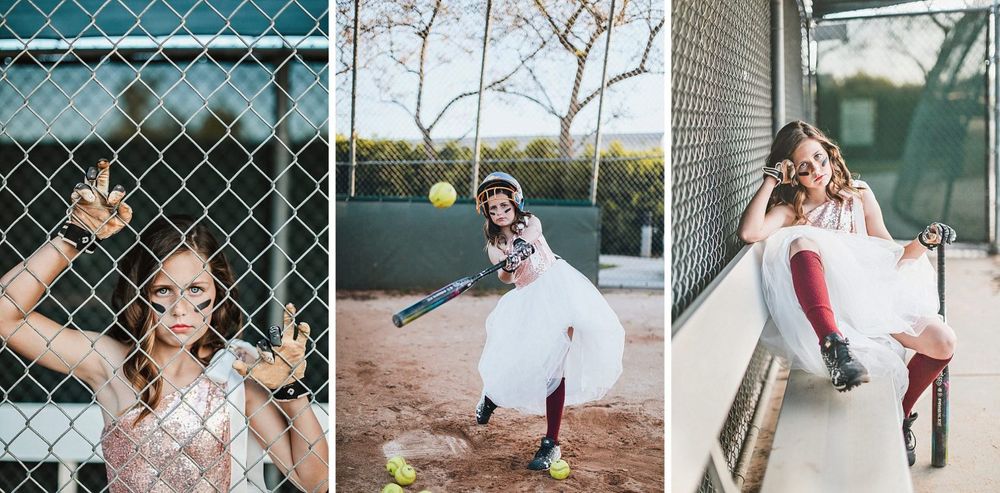 Three side-by-side shots of a bride in a flowing white dress playfully posing against outdoor backgrounds.