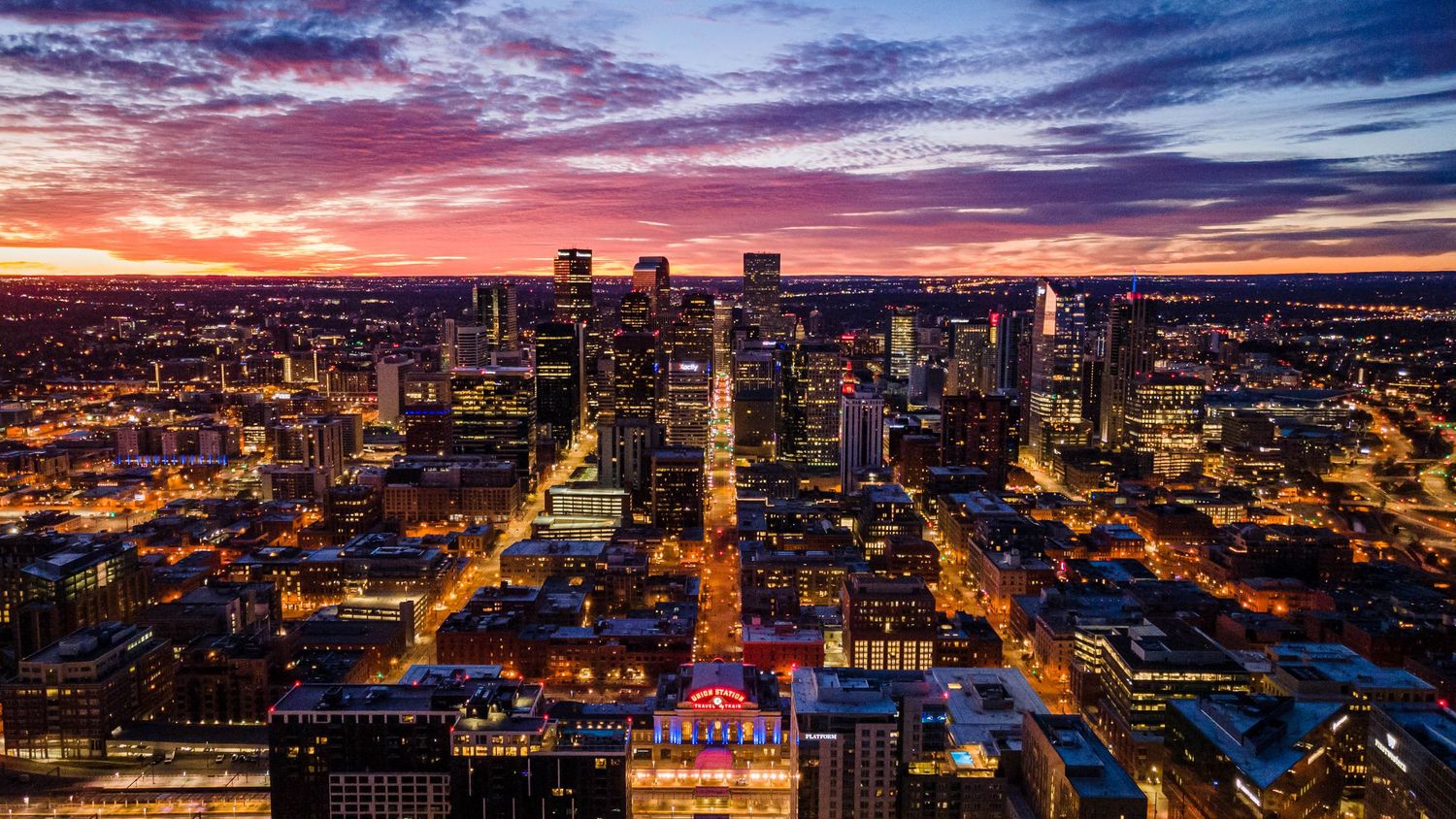 Aerial/Drone shot of Union Station at sunrise by Denver Drone, Hospitality, Travel & Tourism photographer Captain Colorado Photography.