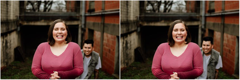 Playful series of photos with person in pink sweater smiling at camera outdoors.