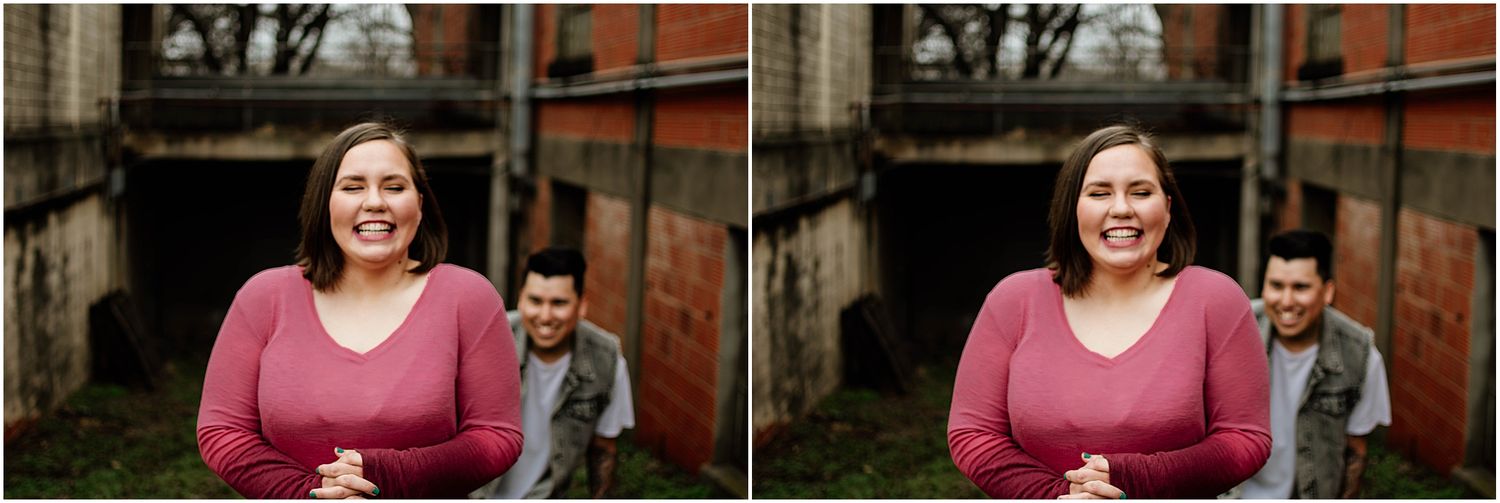 Playful series of photos with person in pink sweater smiling at camera outdoors.