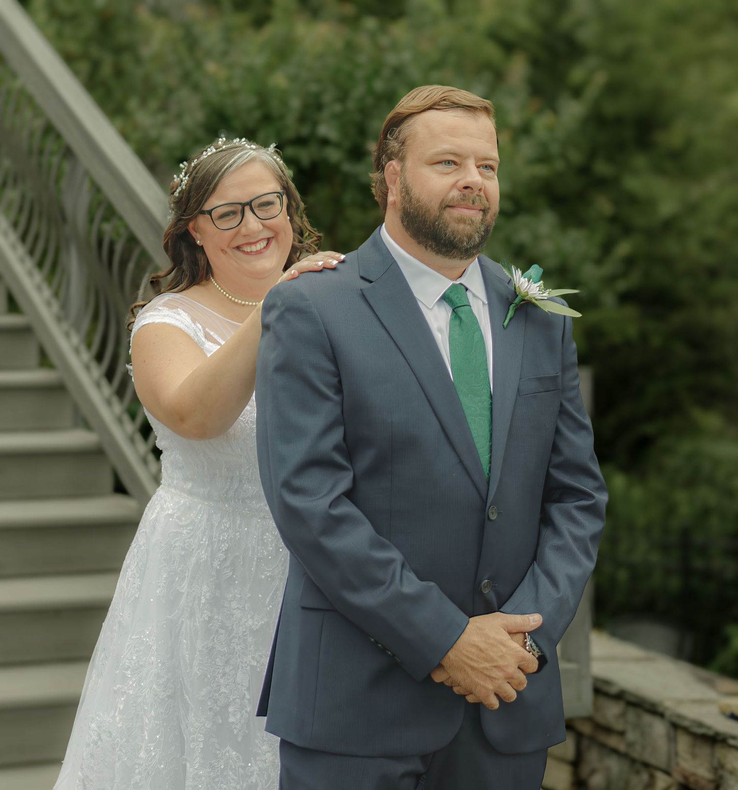 Wedding photo series at an outdoor venue with couple in formal attire.