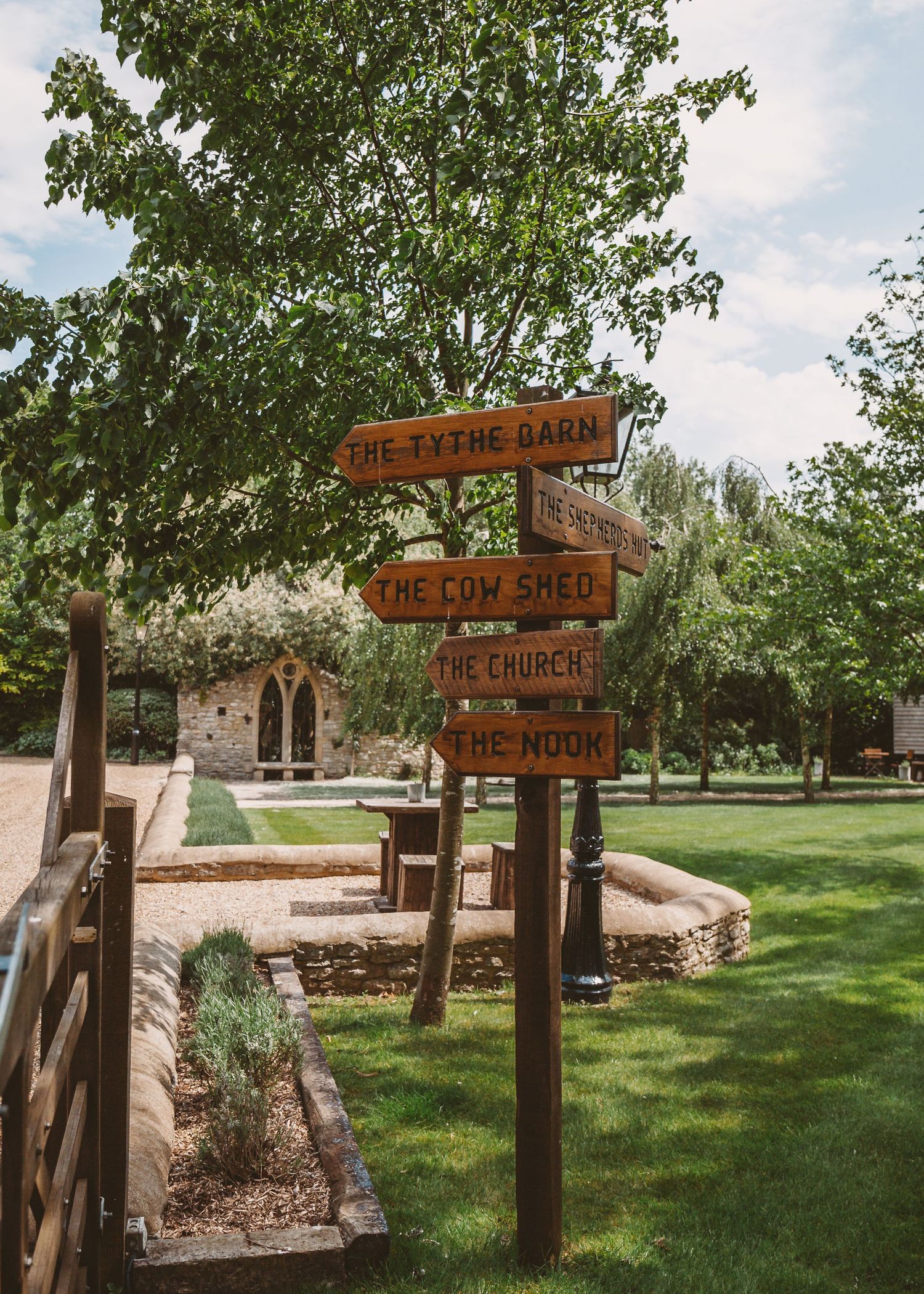 Tythe Barn wedding venue, Oxfordshire, sign post