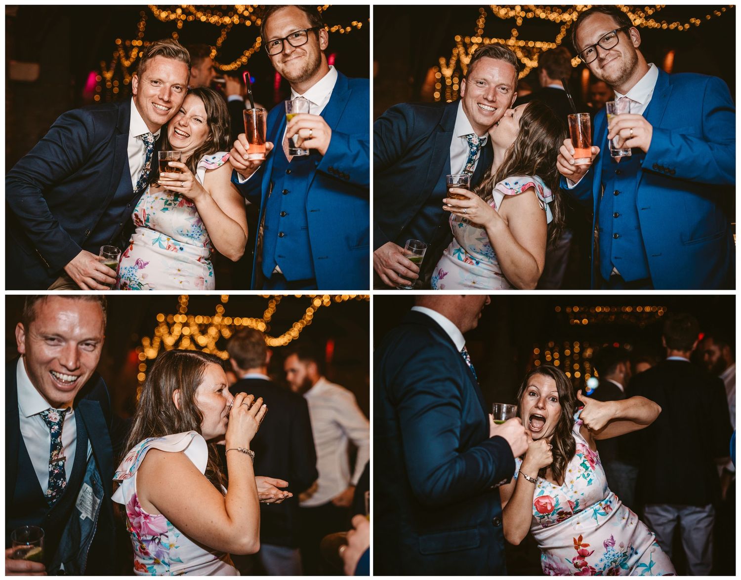 Fun party photo booth style shots of wedding guests celebrating and posing with drinks.