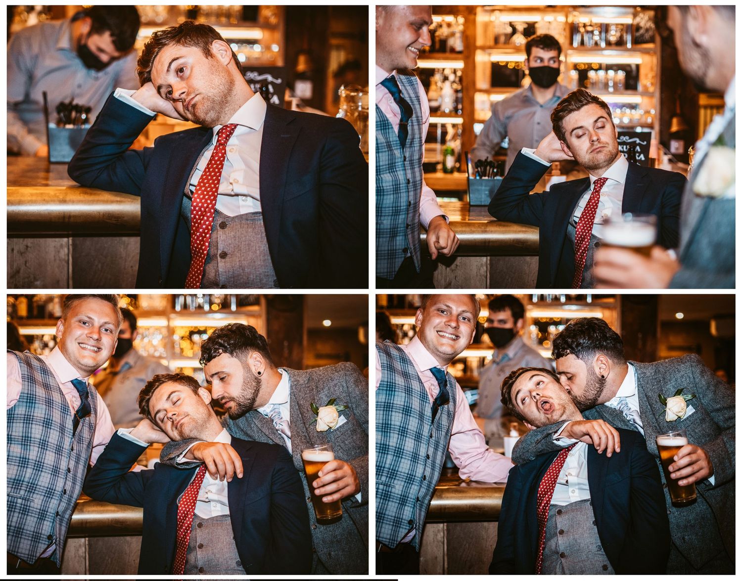 Candid moments of friends laughing and posing at a wedding reception bar.