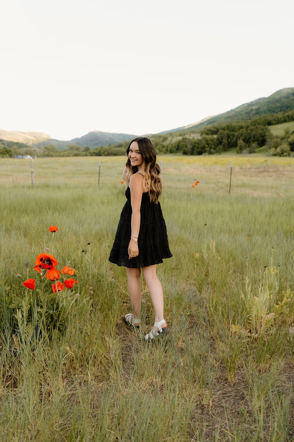 A woman in a black dress standing in a field with red poppies and mountains in the background.