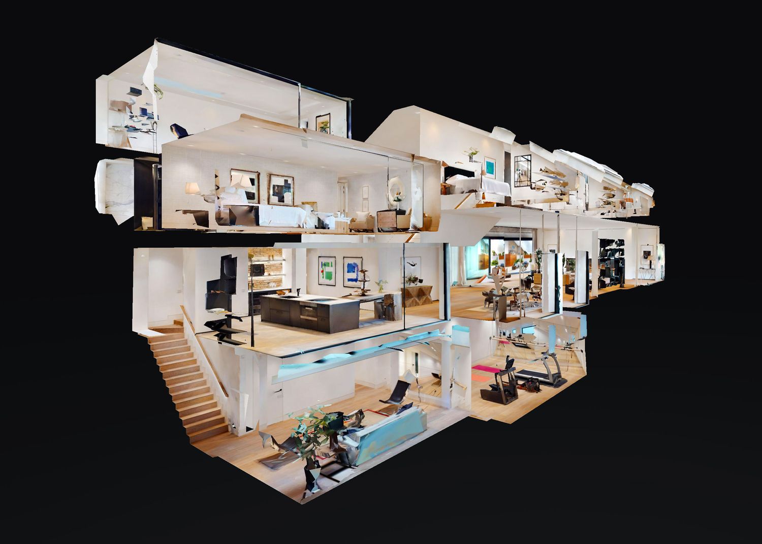 3D dollhouse cutaway view of a multi-level modern home interior with open living spaces and pool.