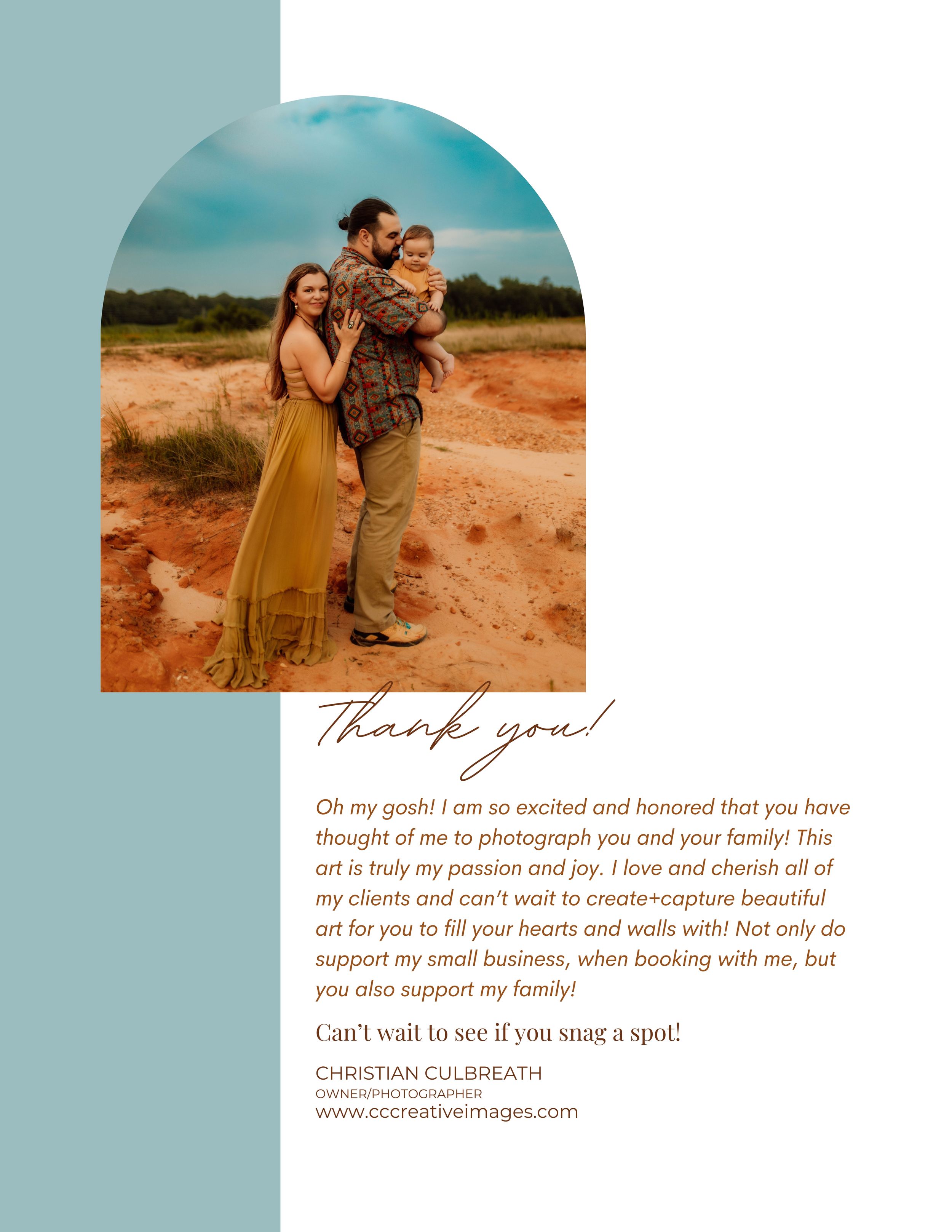 Thank you card template with desert photography and teal accents.