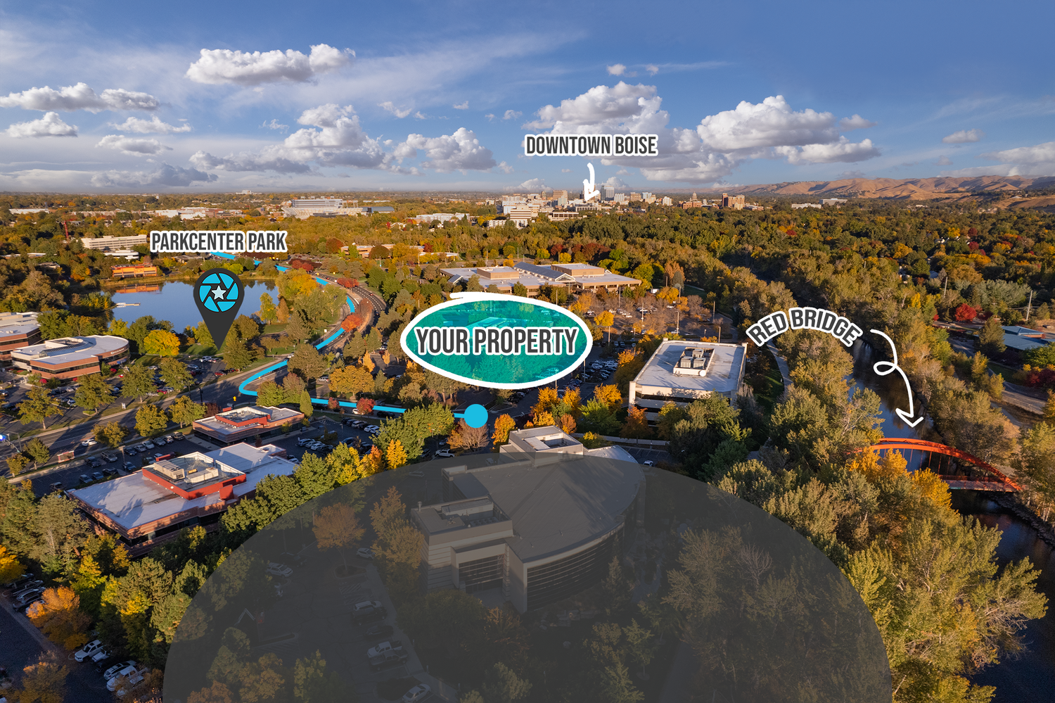 Aerial view of Southeast Boise showcasing prominent points of interest, enhanced with custom graphics
