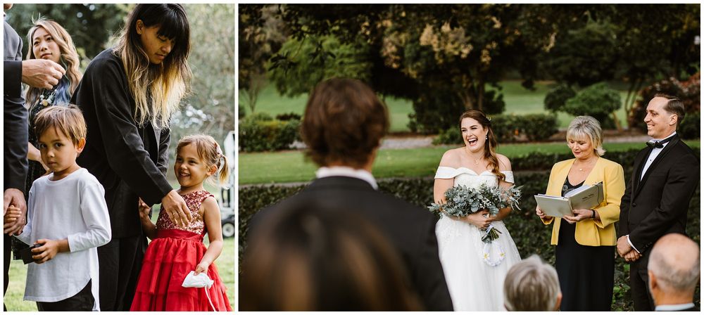 bride laughing with the ring bearers