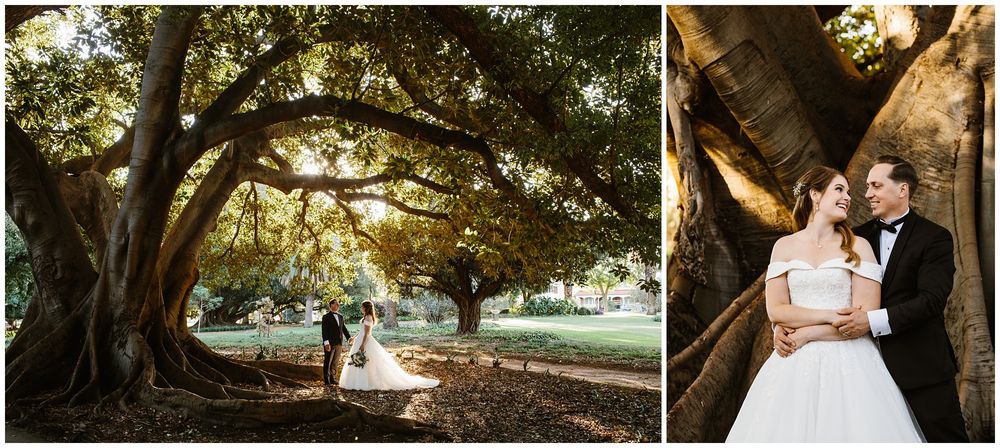 hyde park wedding bride and groom under the trees