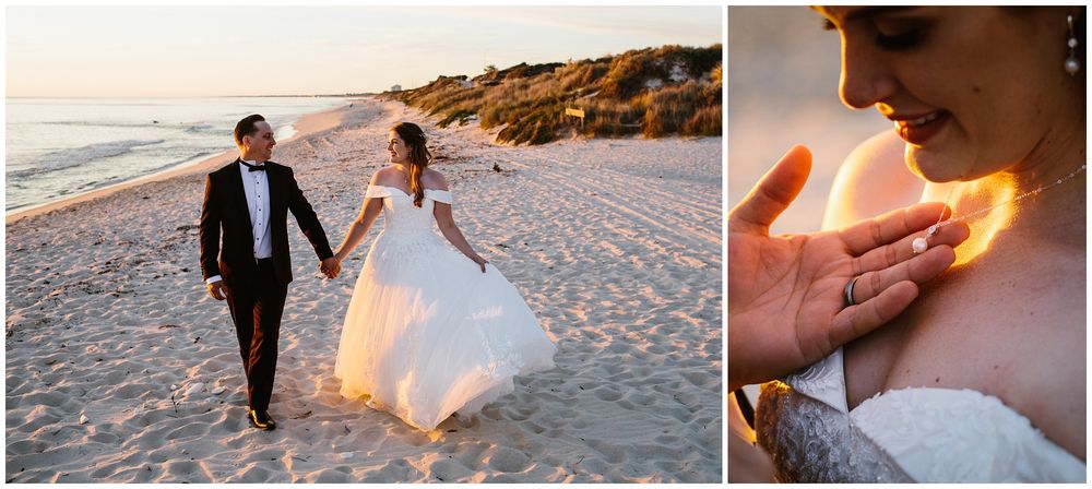 hyde park wedding bride and groom walking on city beach