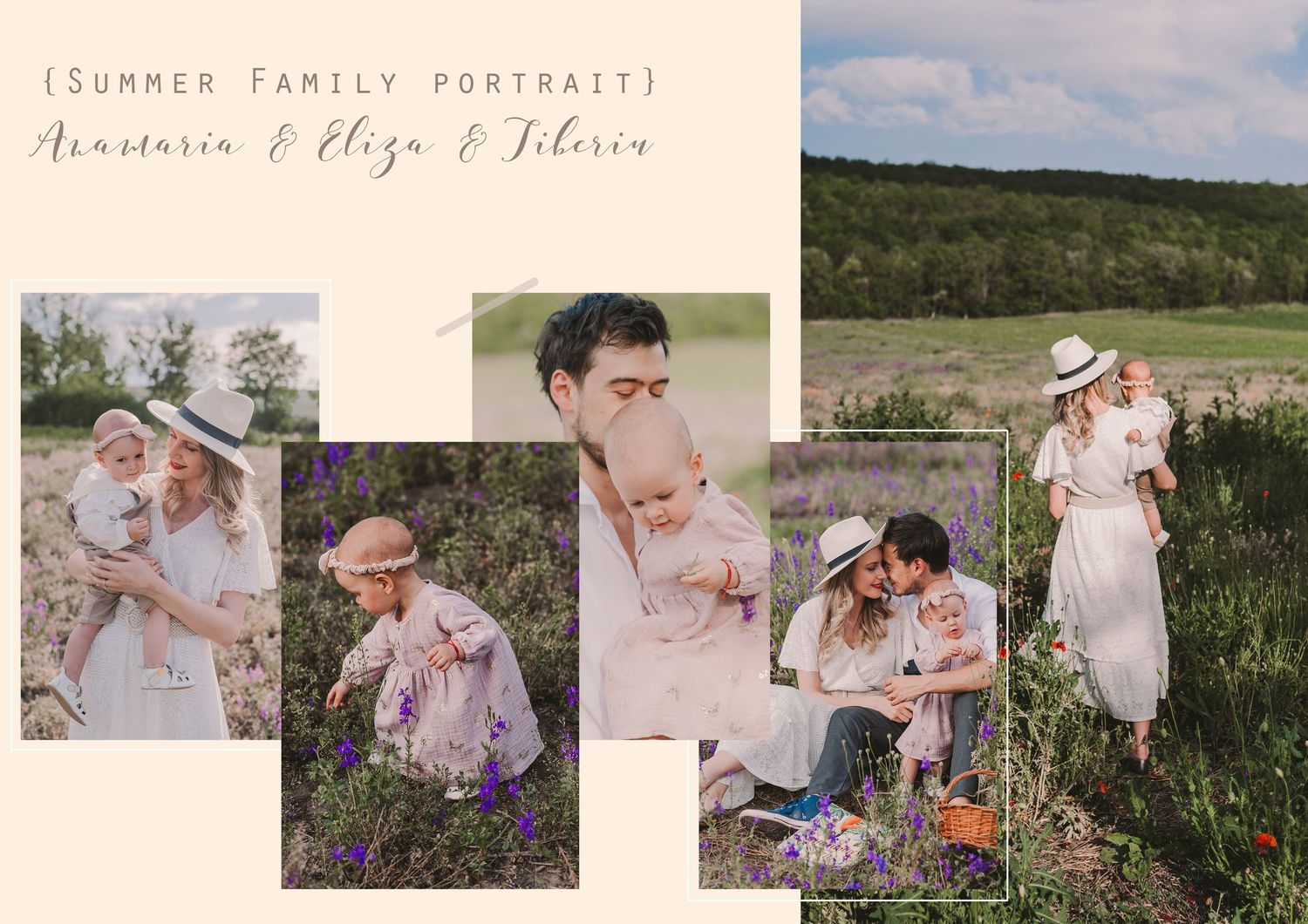 Collection of family portrait thumbnails showing outdoor moments in a natural field setting.
