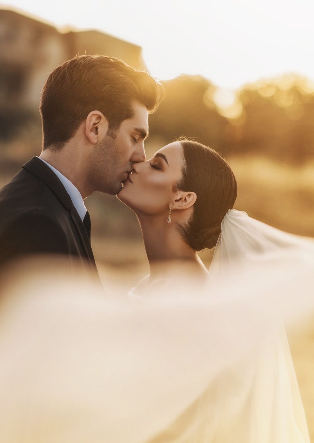 Golden sunset wedding portrait with soft focus and romantic light.