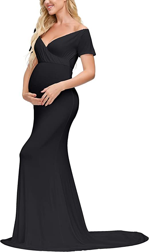 Fitted Maternity Gown Short Sleeve Cross-Front V Neck Slim Fit Maxi Photography