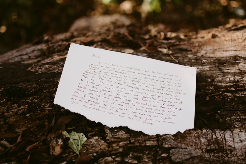 Handwritten letter on white paper resting on a wooden log in nature.