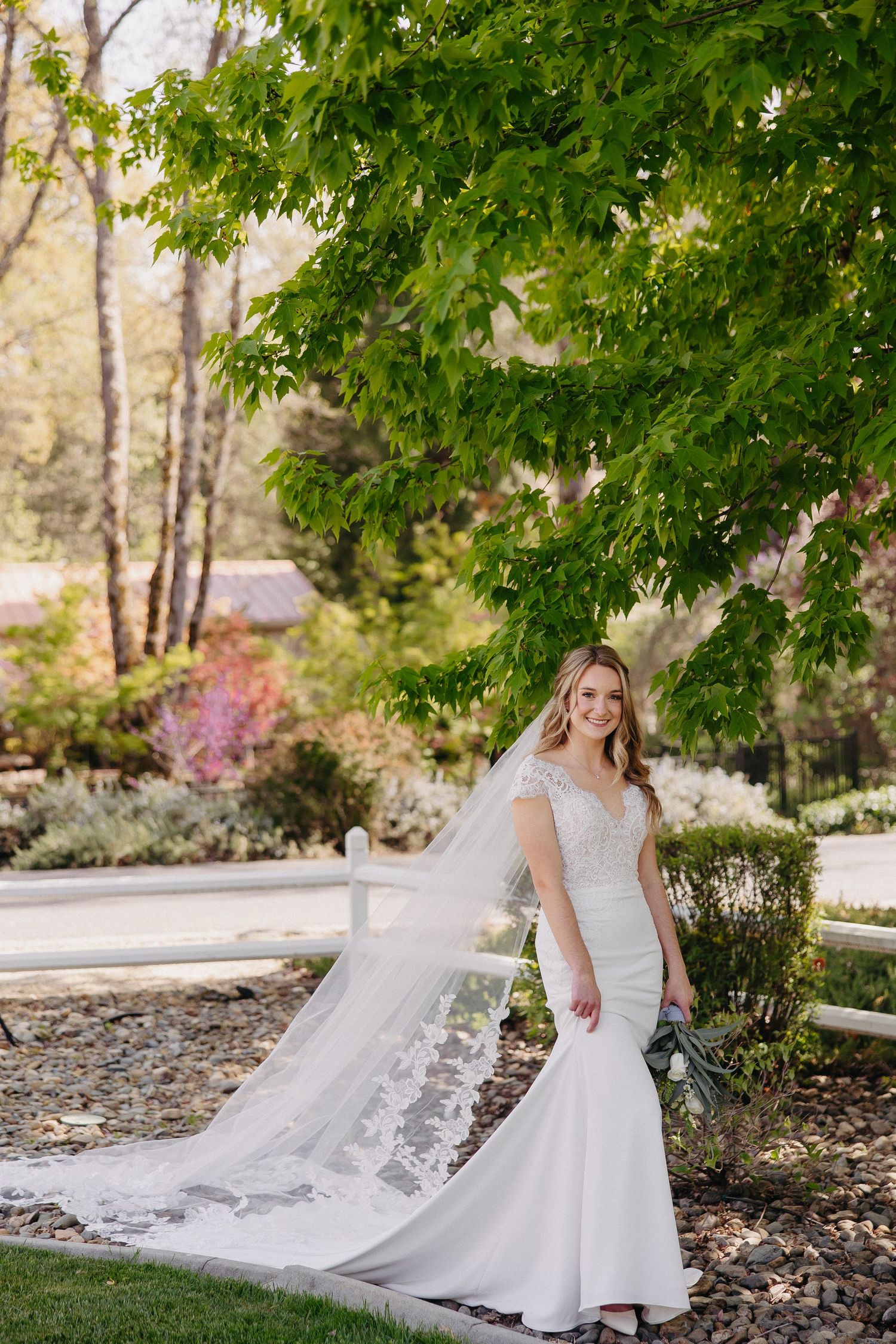 A stunning wedding dress with a flowing lace train against a backdrop of lush green trees in an outdoor garden setting.