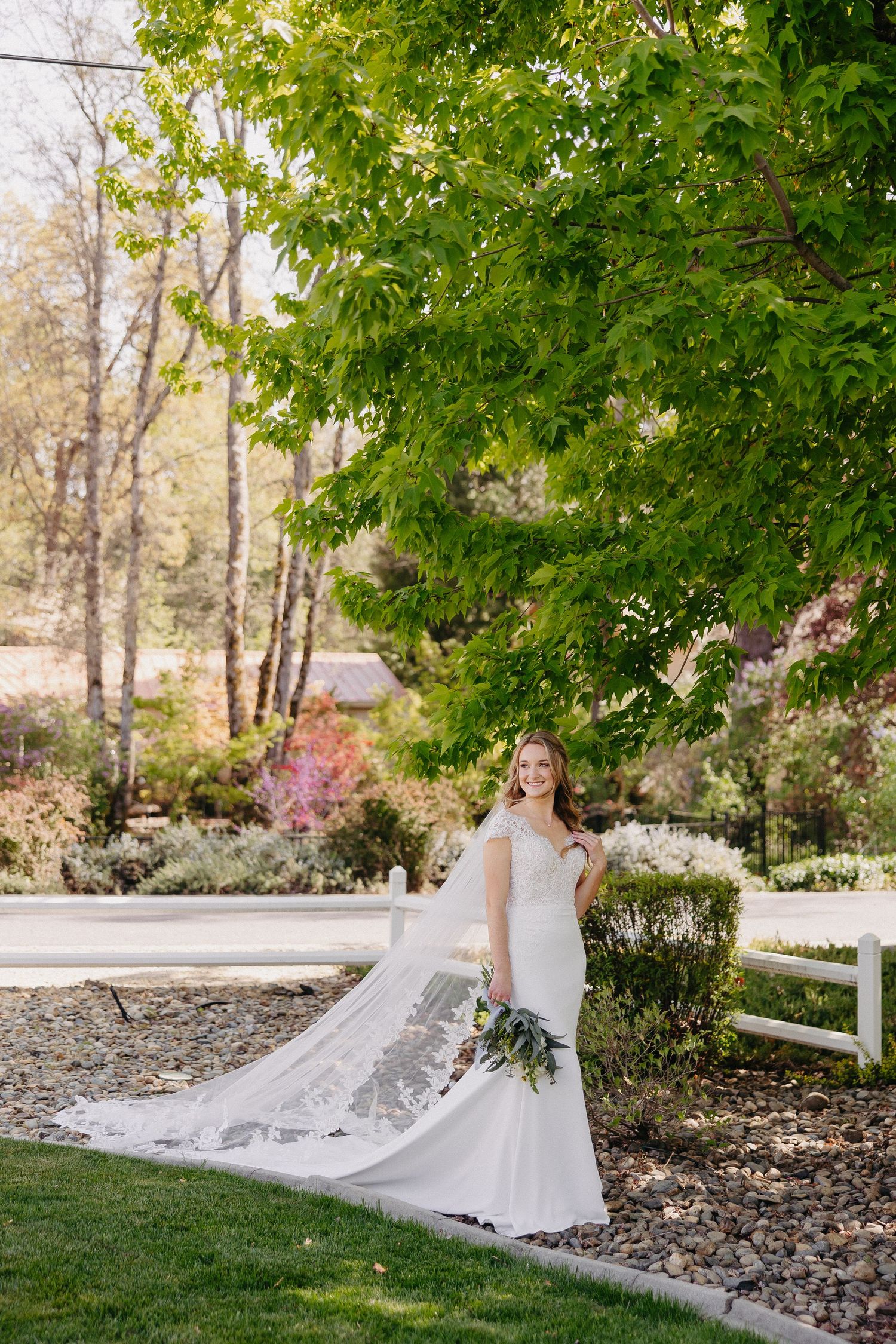An elegant bride poses with her long veil in a garden setting with white fencing and green foliage.