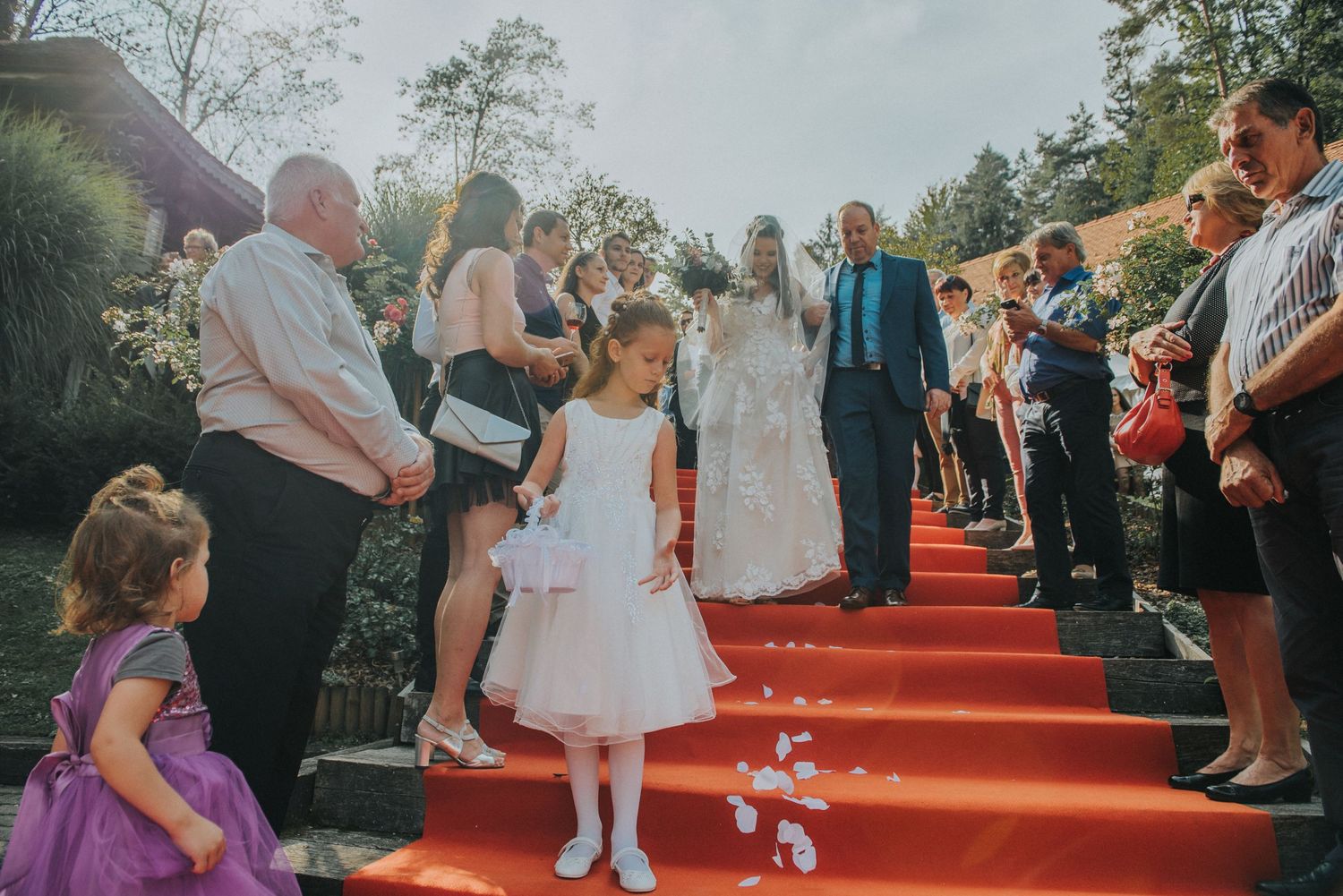 Wedding guests stand along a red carpet aisle during an outdoor ceremony.