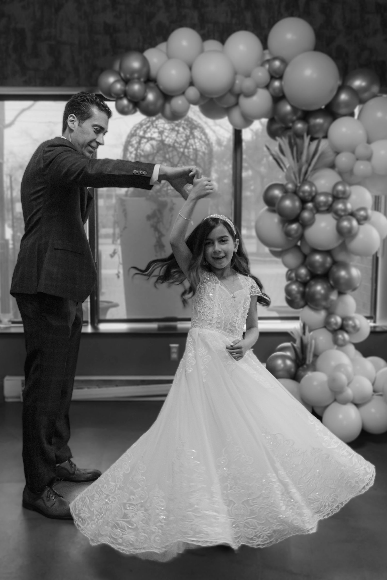 first communion black and white photography father and daughter dance